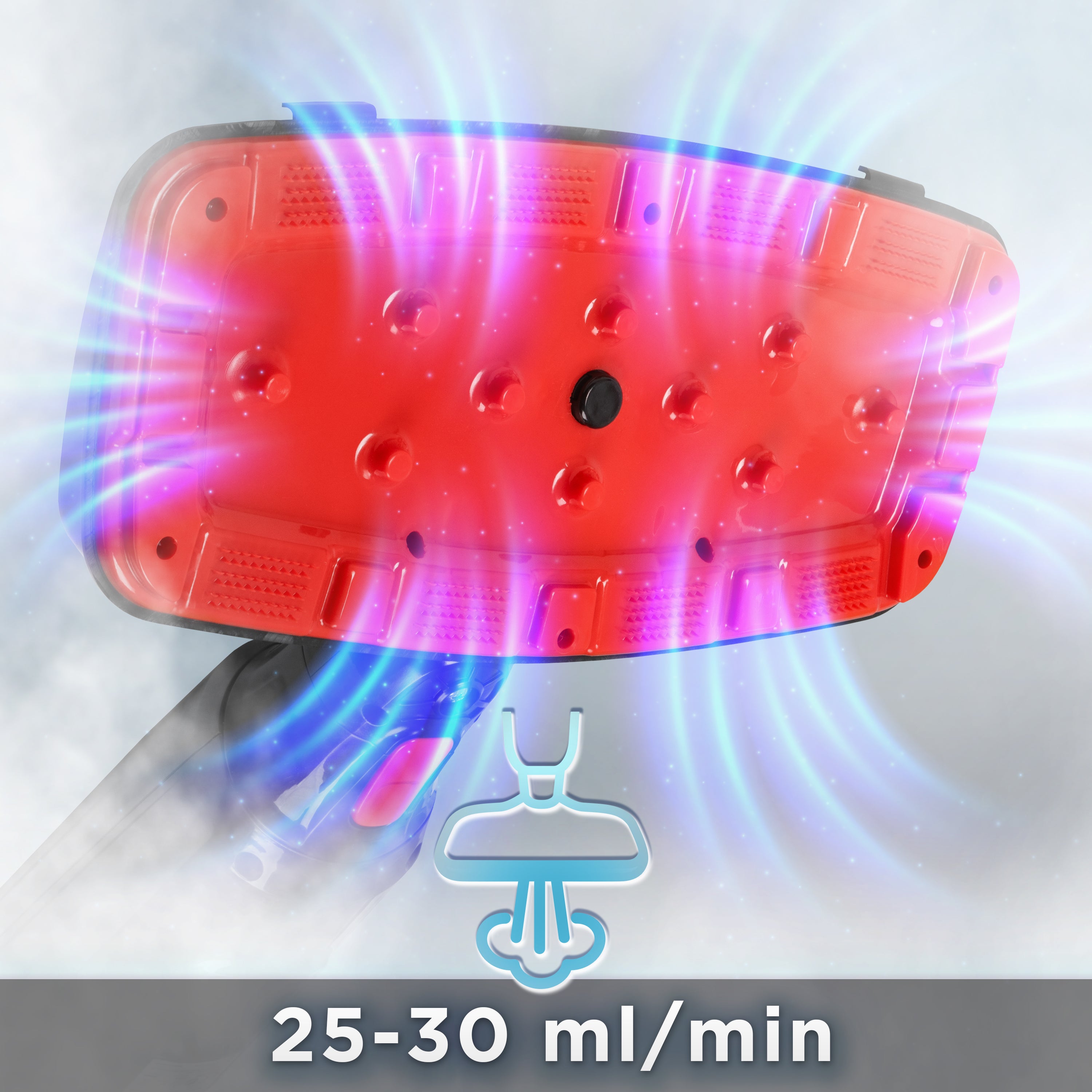 Duronic STM15 BK Steam Mops steamer head with a red heated plate emitting a powerful steam output of 25-30 ml/min.
