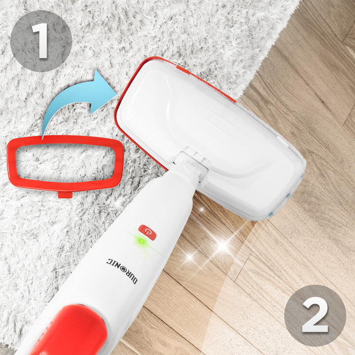 Duronic STM15 WE Steam Mops cleaner shown transitioning between cleaning a white shag carpet with a carpet glider attachment and polishing a light wood floor.
