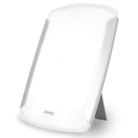 Duronic Sad Light featuring a glowing white panel, silver sides, and integrated stand.