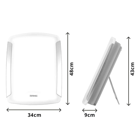 Duronic Sad Light showing 48cm height, 34cm width, and 9cm depth.