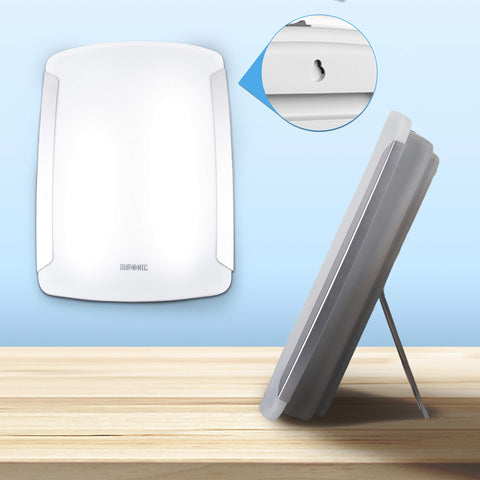 Duronic Sad Light shown from the front, side with stand, and wall-mount slot.
