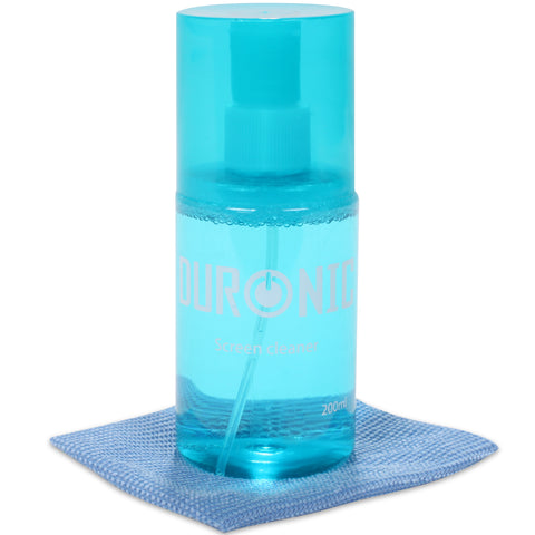 Duronic Screen Cleaner a spray nozzle and an accompanying blue microfiber cleaning cloth