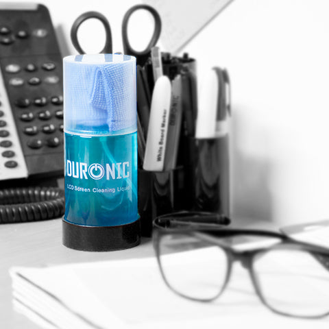 Duronic Screen Cleaner microfiber cloth stored in the lid, displayed on a desk with office supplies.