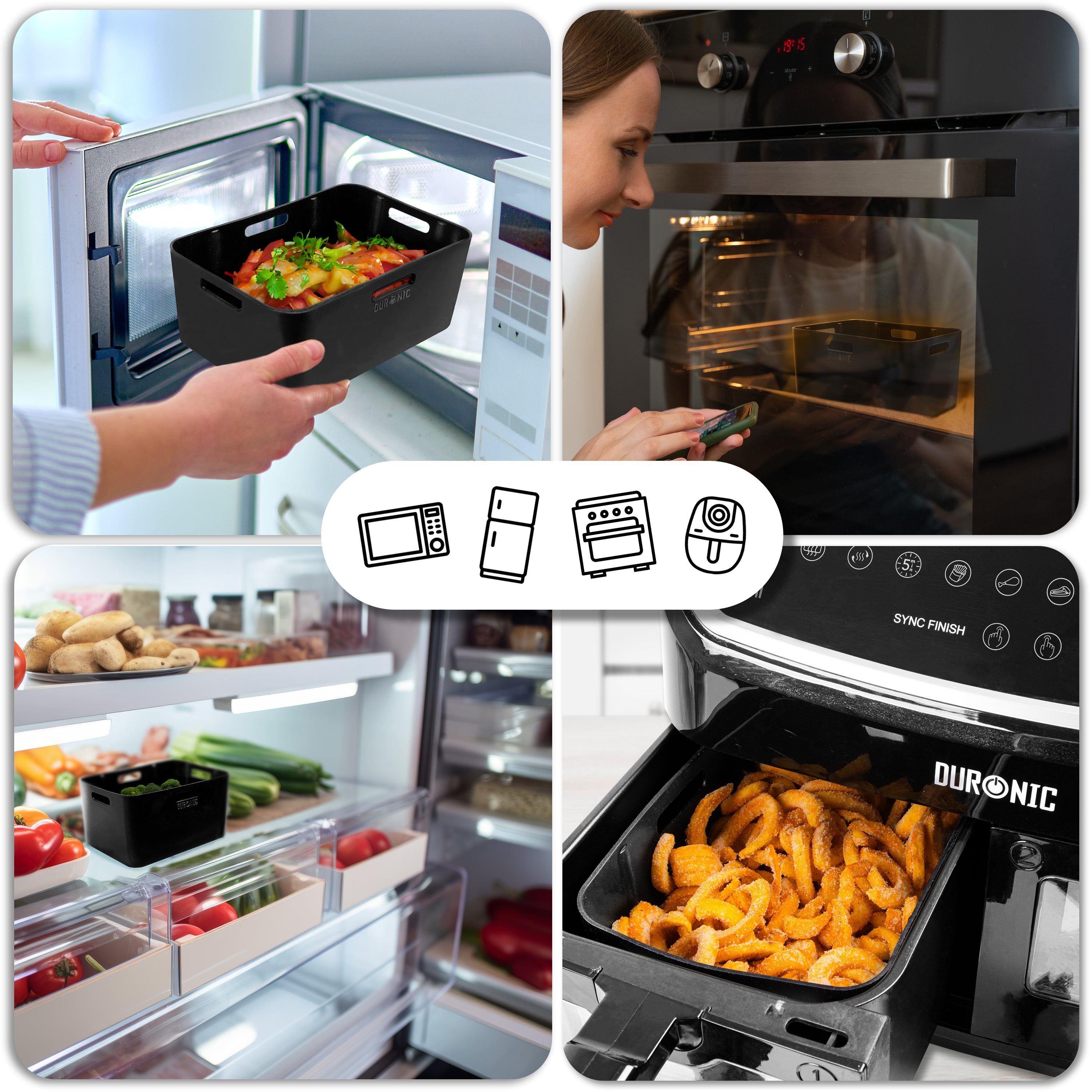 Duronic Silicone Air Fryer Liners black silicone air fryer liner shown in four versatile kitchen scenarios: being placed in a microwave, used inside a conventional oven, stored in a refrigerator, and holding curly fries inside a Duronic dual air fryer.