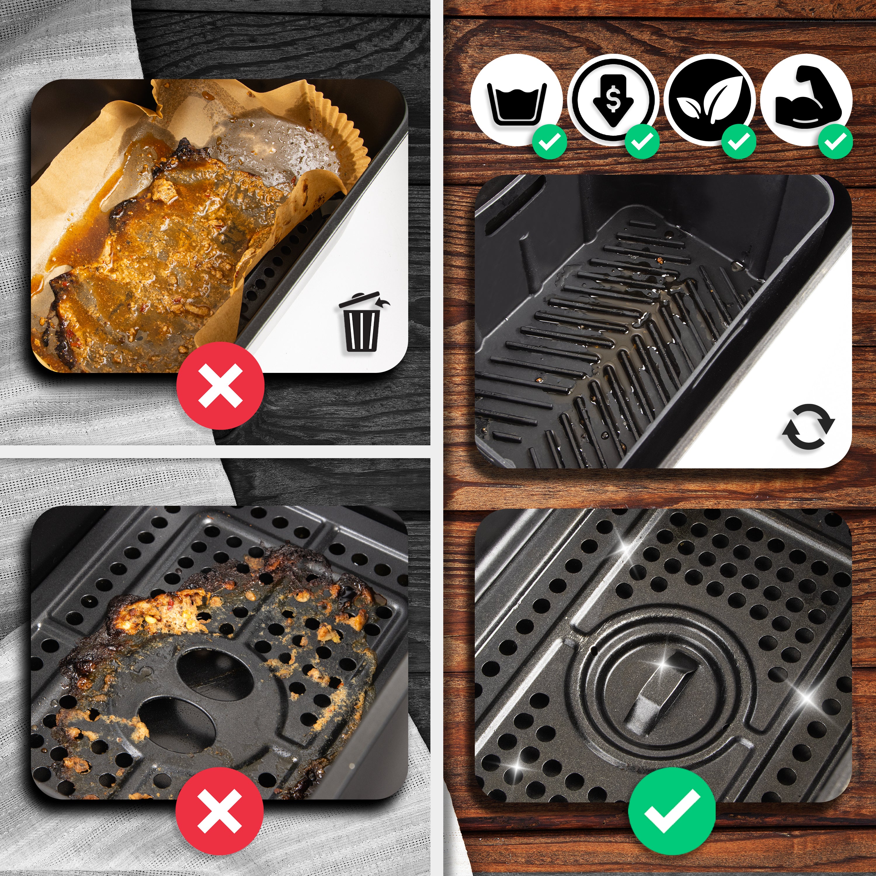 Duronic Silicone Air Fryer Liners collage showing the benefits of a reusable, easy-to-clean air fryer basket versus messy disposable liners and burnt-on food residue.