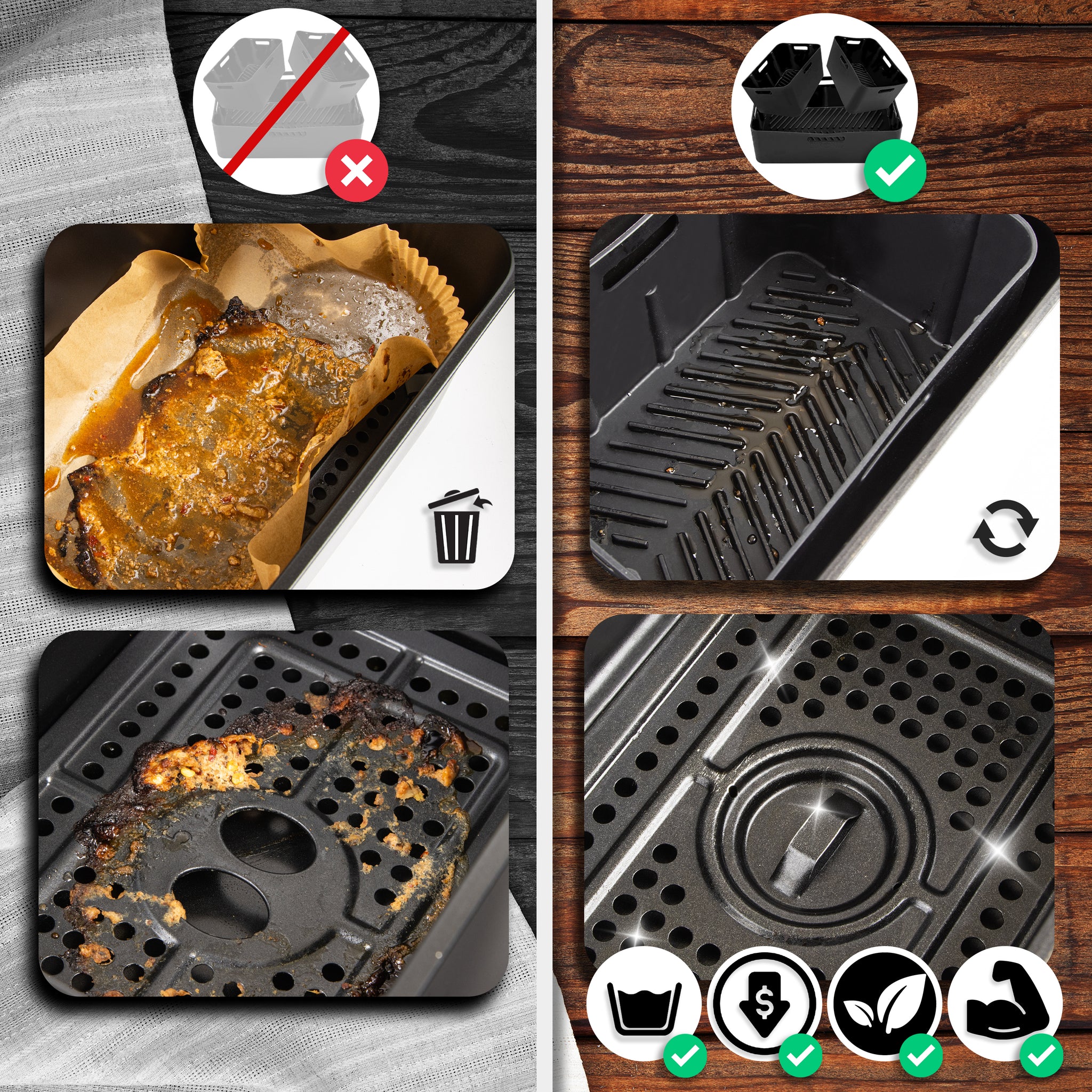 Duronic Silicone Air Fryer Liners comparison image showing the messy, wasteful results of using disposable paper liners in an air fryer versus the clean, reusable, and durable performance of silicone basket inserts.