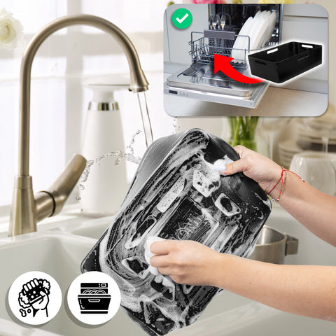 Duronic Silicone Air Fryer Liners featuring a black Duronic silicone air fryer liner being used for cooking in an oven and air fryer, and for food storage in a refrigerator.