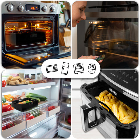 Duronic Silicone Air Fryer Liners featuring a black Duronic silicone air fryer liner being used for cooking in an oven and air fryer, and for food storage in a refrigerator.