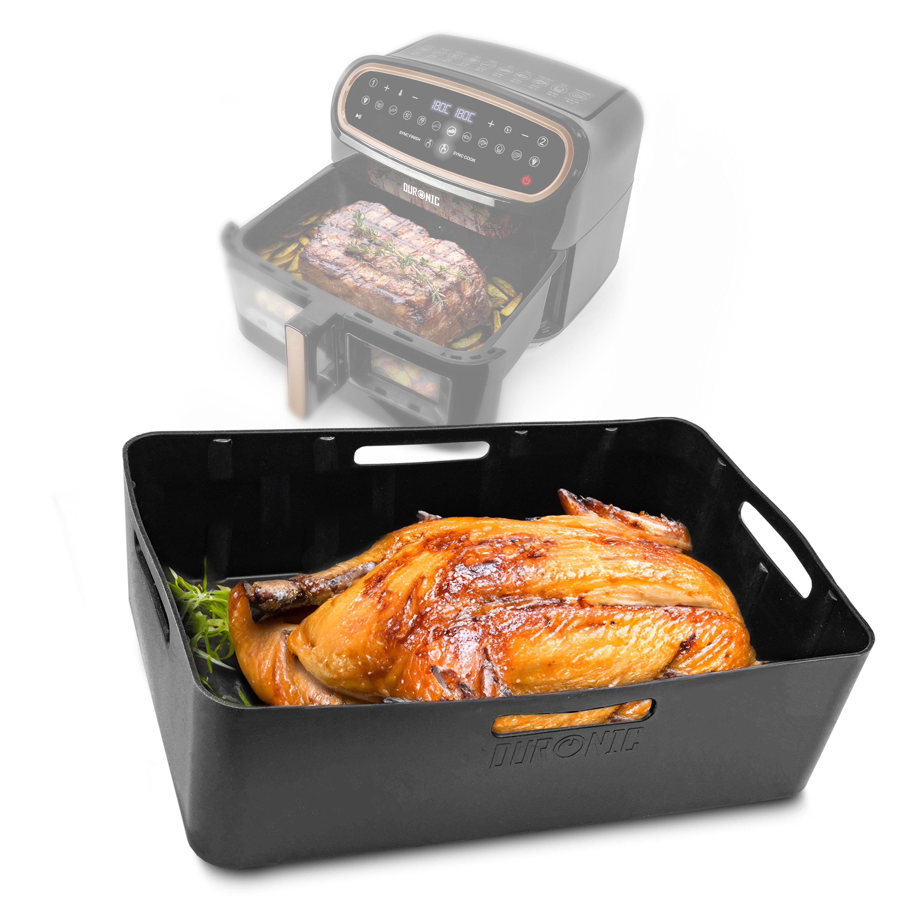 Duronic Silicone Air Fryer Liners featuring a roasted whole chicken