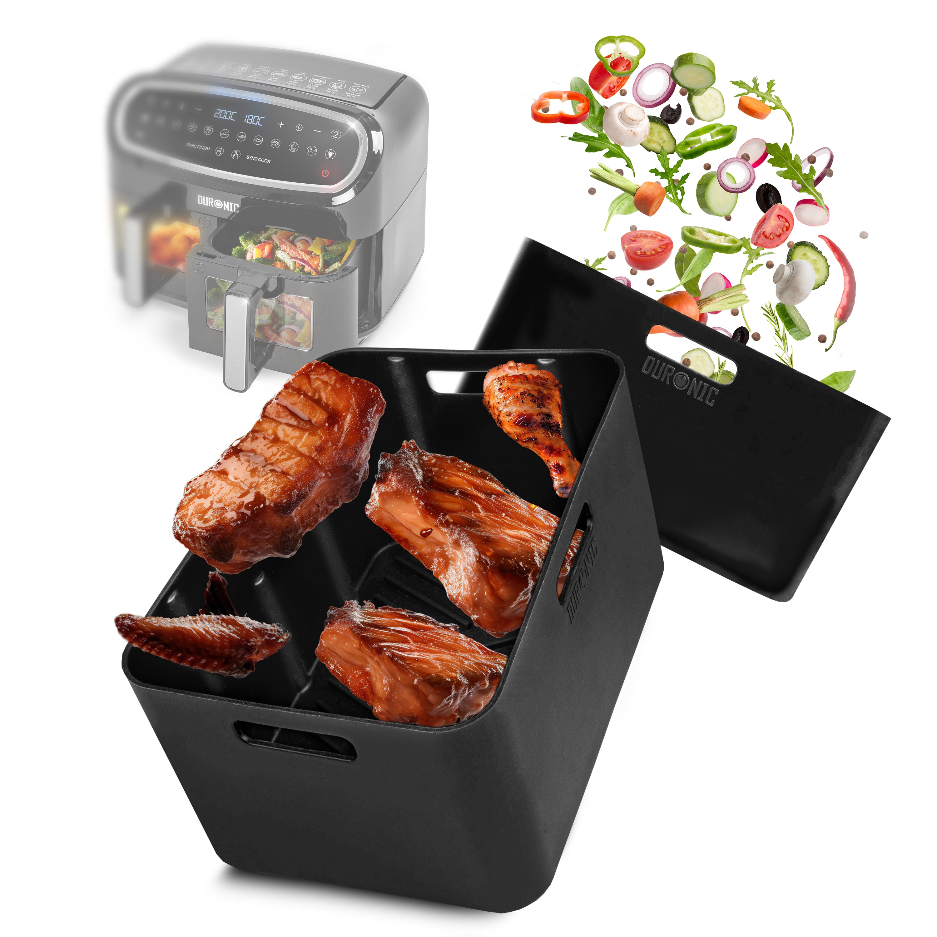 Duronic Silicone Air Fryer Liners filled with roasted chicken and ribs