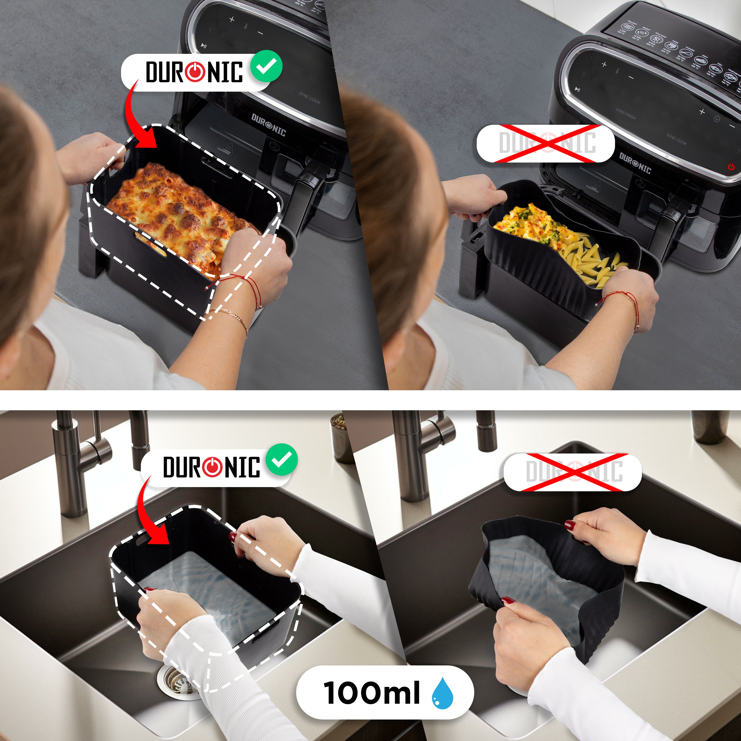 Duronic Silicone Air Fryer Liners side-by-side comparison showing that Duronic air fryer silicone liners maintain a sturdy
