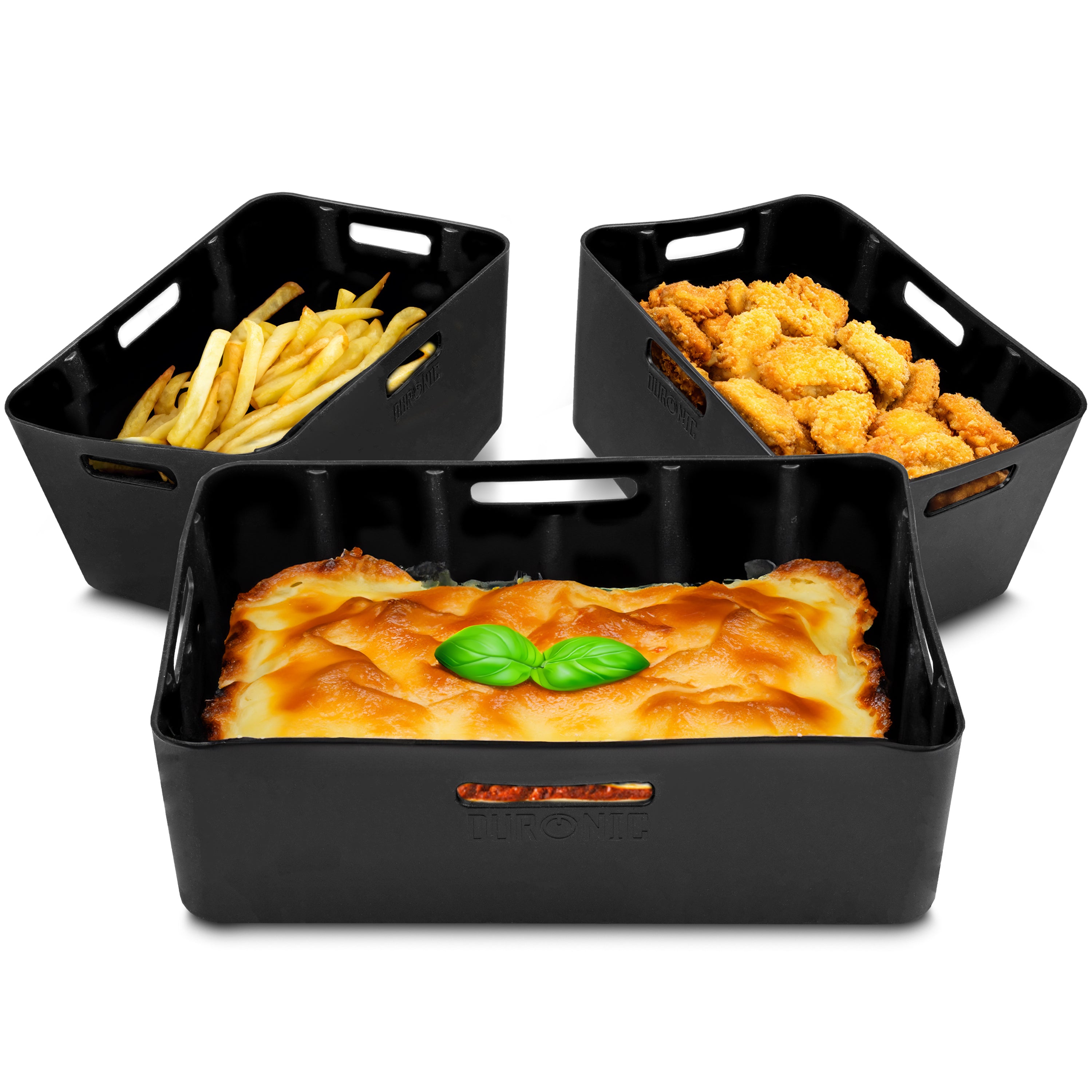 Duronic Silicone Air Fryer Liners set of three filled with french fries, chicken nuggets, and a baked lasagna dish.