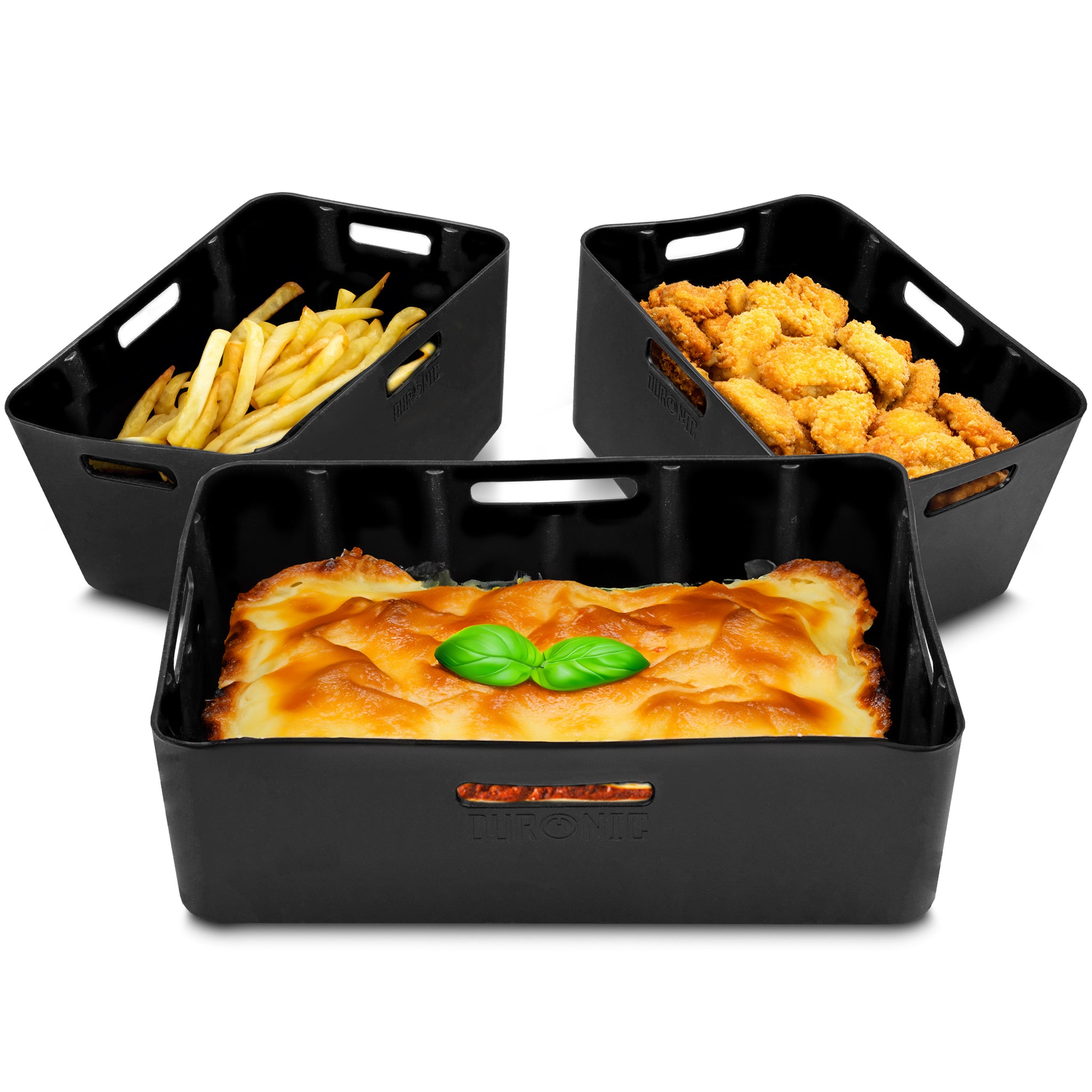 Duronic Silicone Air Fryer Liners set of three filled with french fries, chicken nuggets, and a baked lasagna dish.