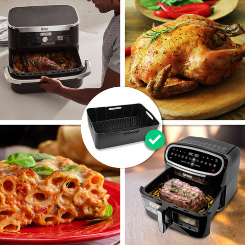 Duronic Silicone Air Fryer Liners showcasing a black rectangular air fryer silicone liner with different meals