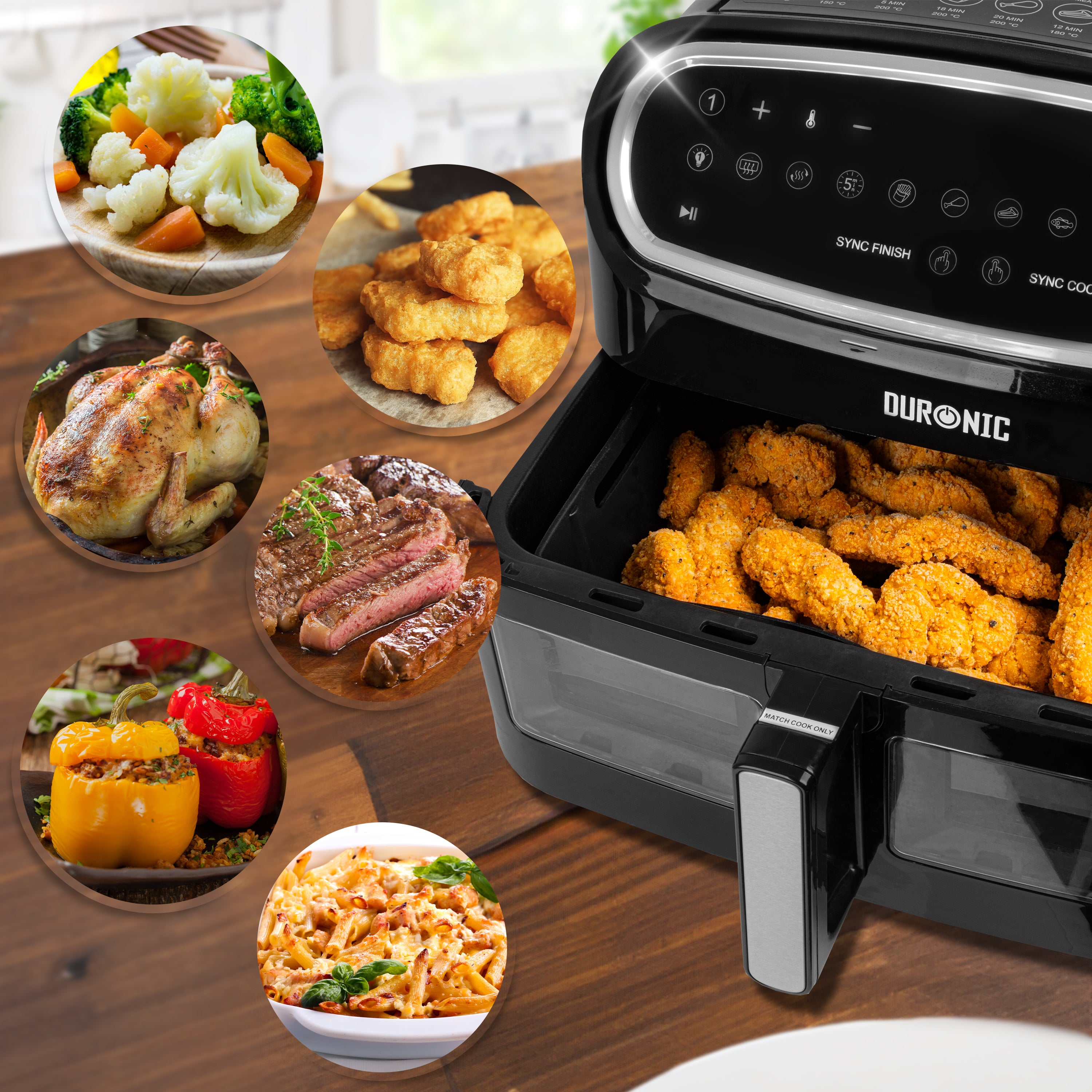 Duronic Silicone Air Fryer Liners with Duronic dual-basket air fryer displaying various cooked meals