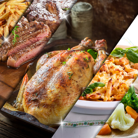 Duronic Silicone Air Fryer Liners with a collage of popular dinner dishes
