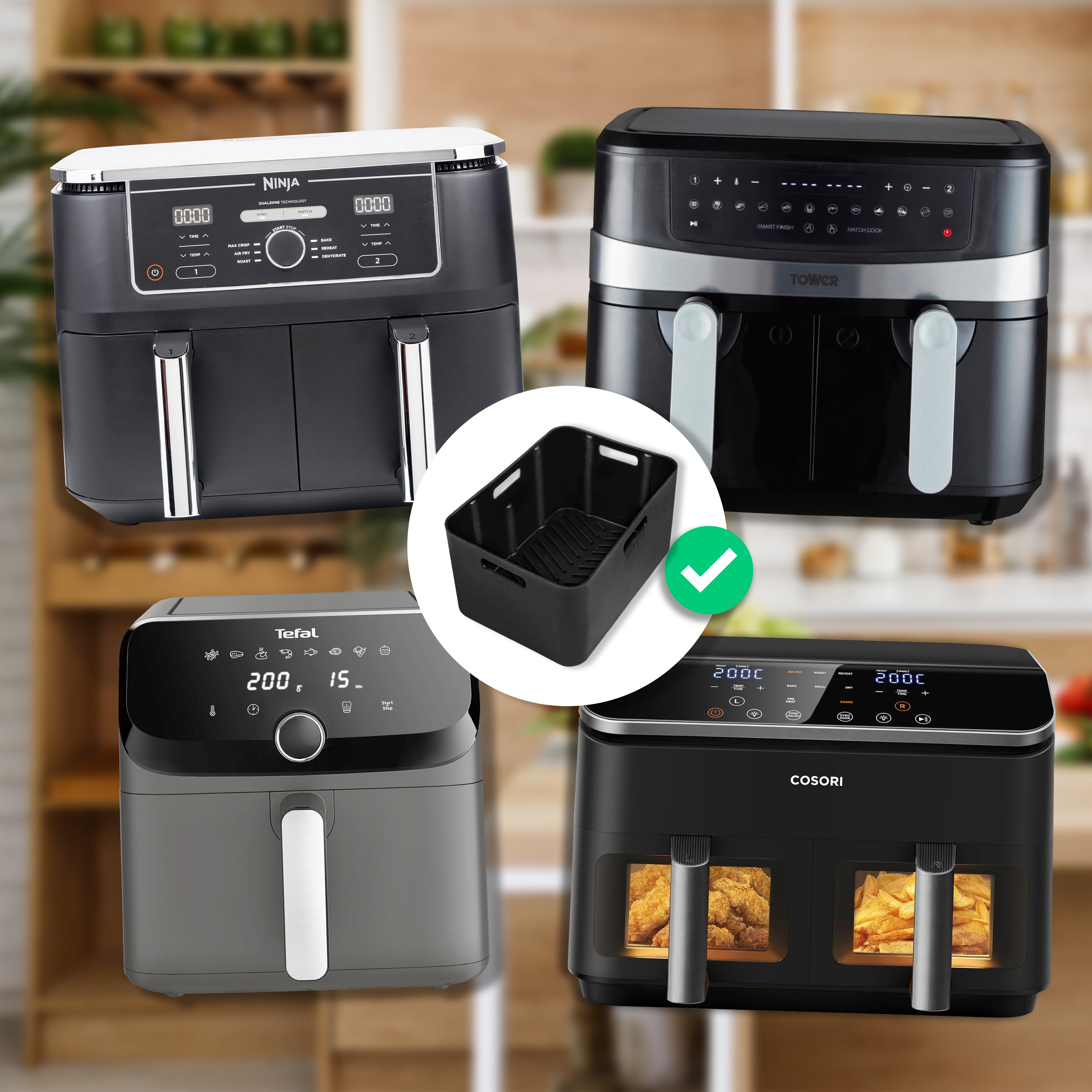 Duronic Silicone Air Fryer Liners with different sizes of air fryer.