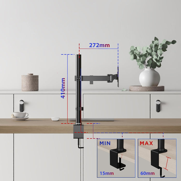 Duronic Single Monitor Arm Stand  with dimensions showing height, arm extension, and clamp range.