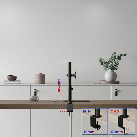 Duronic Single Monitor Arm showing adjustable 15mm to 60mm C-clamp limits.