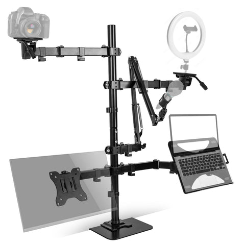 Duronic Social Media Stand holding a camera, ring light, microphone, laptop, and monitor display.