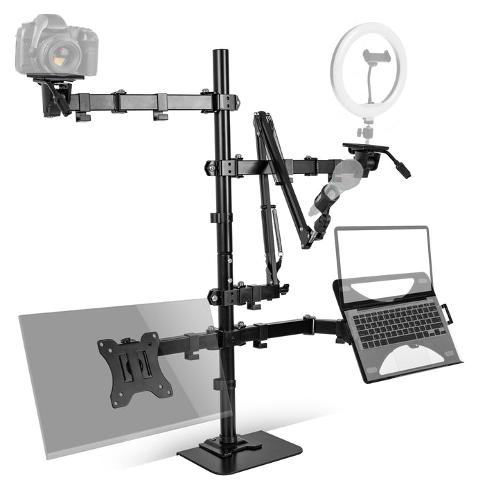 Duronic Social Media Stand holding a camera, ring light, microphone, laptop, and monitor display.