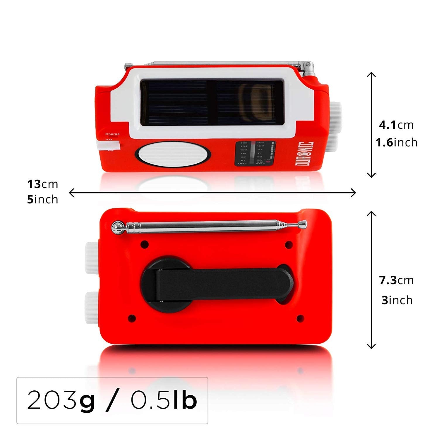 Duronic Solar Radio, HYBRID dimensions and weight showing top, back, antenna, and hand crank.