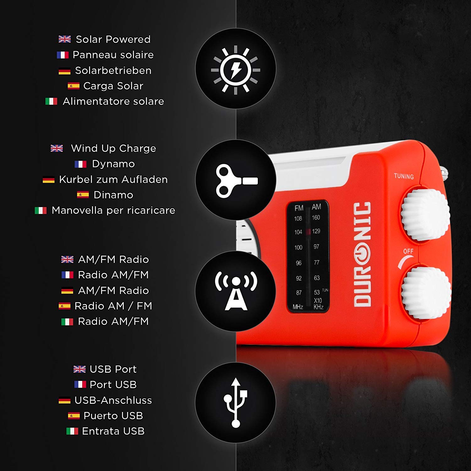 Duronic Solar Radio, HYBRID featuring solar power, wind-up dynamo charging, and a USB port.