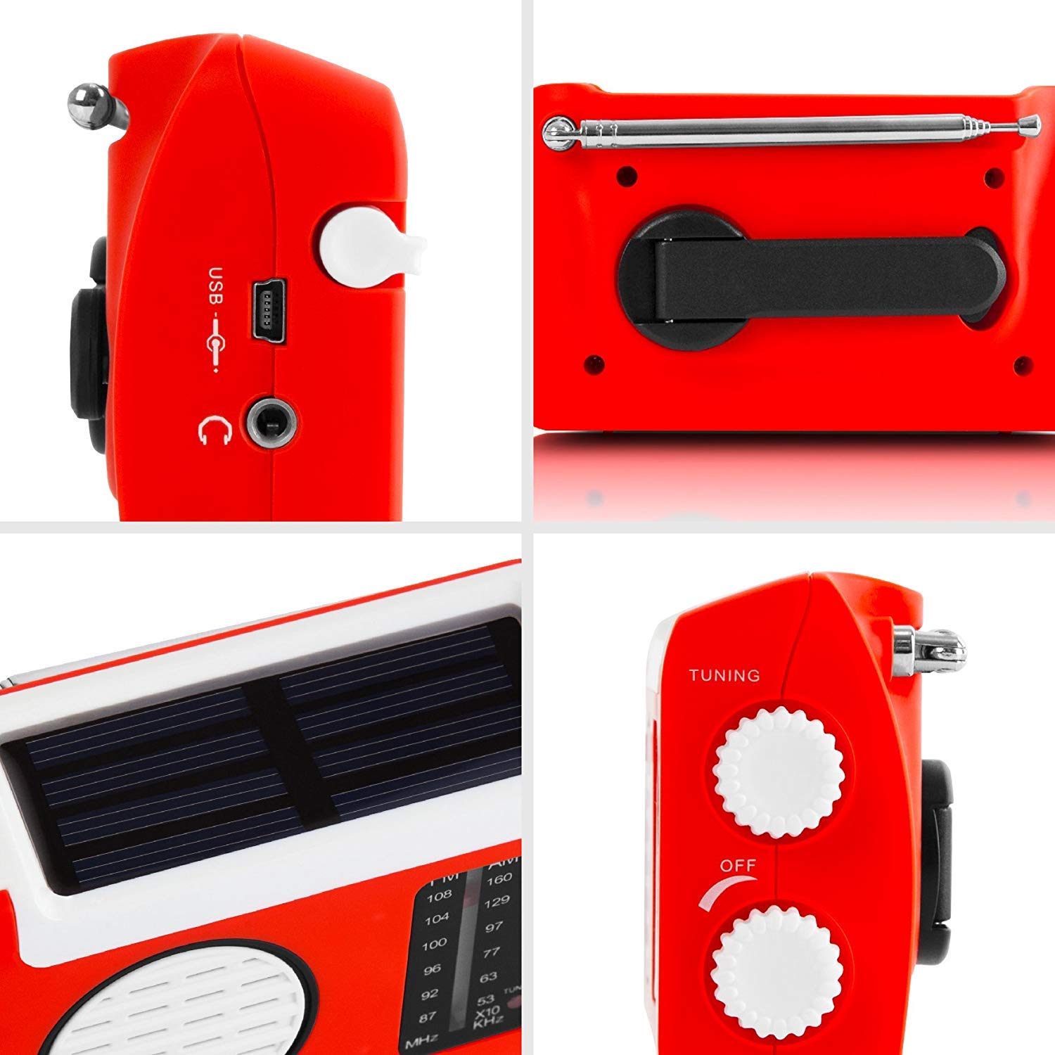 Duronic Solar Radio, HYBRID showing solar panel, hand crank, knobs, and ports.