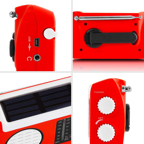 Duronic Solar Radio, HYBRID showing solar panel, hand crank, knobs, and ports.
