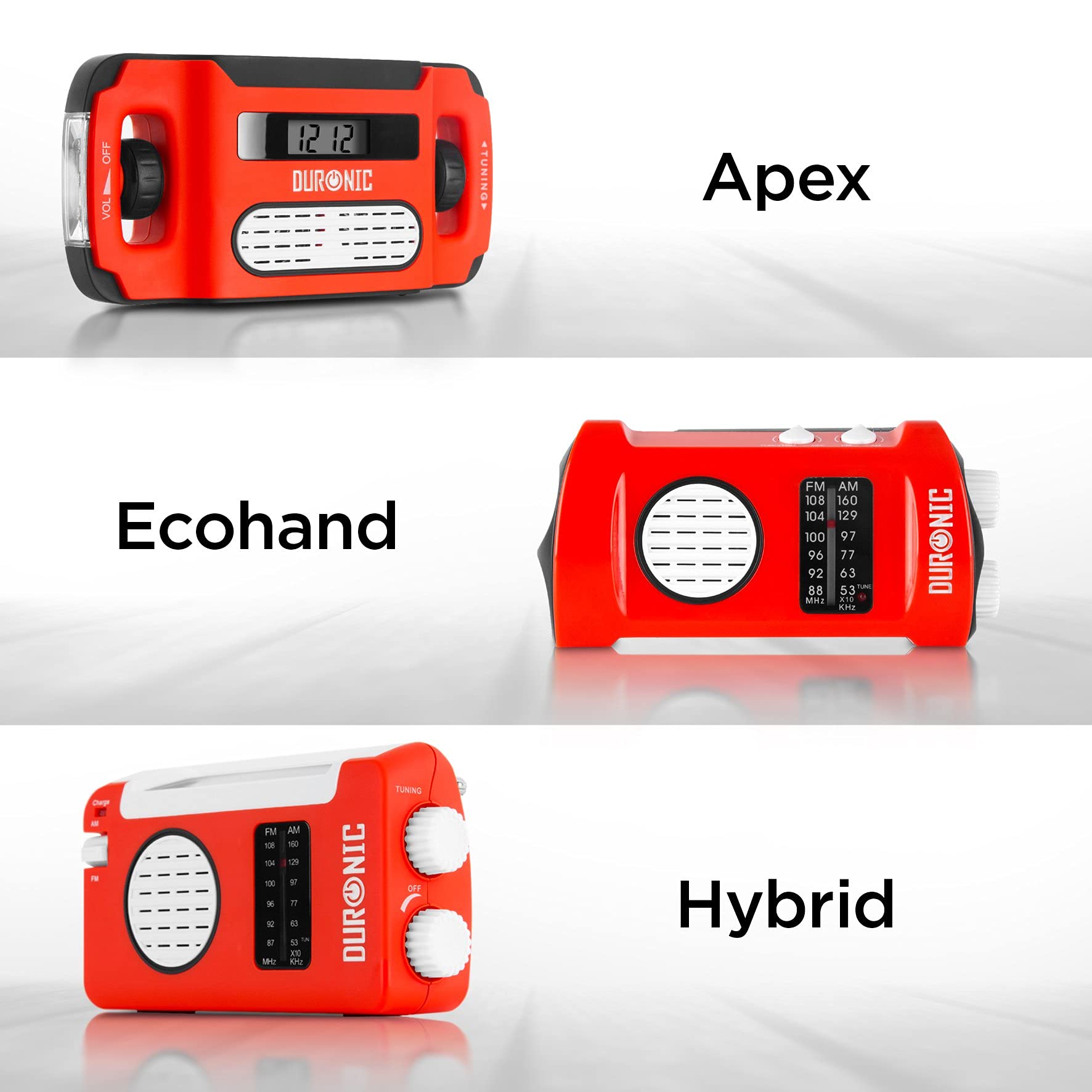 Duronic Solar Radio, HYBRID with digital display, Ecohand, and Hybrid with white dials.