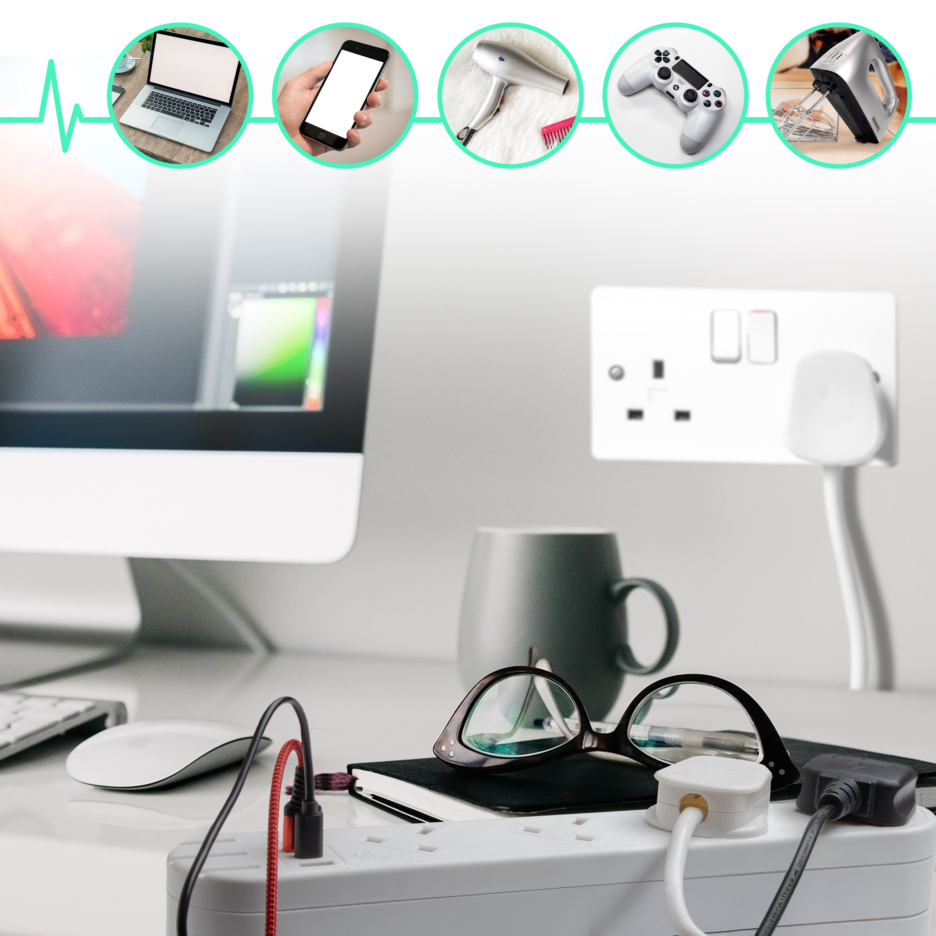 Duronic Tower Extension Lead featuring an extension lead powering a laptop, phone, hairdryer, controller, and mixer.