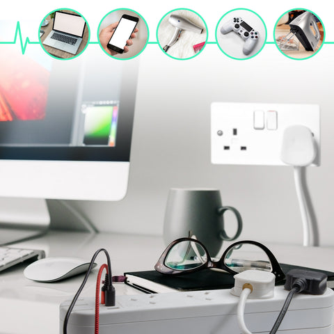 Duronic Tower Extension Lead featuring an extension lead powering a laptop, phone, hairdryer, controller, and mixer.
