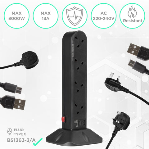 Duronic Tower Extension Lead with 4 AC outlets and USB ports.