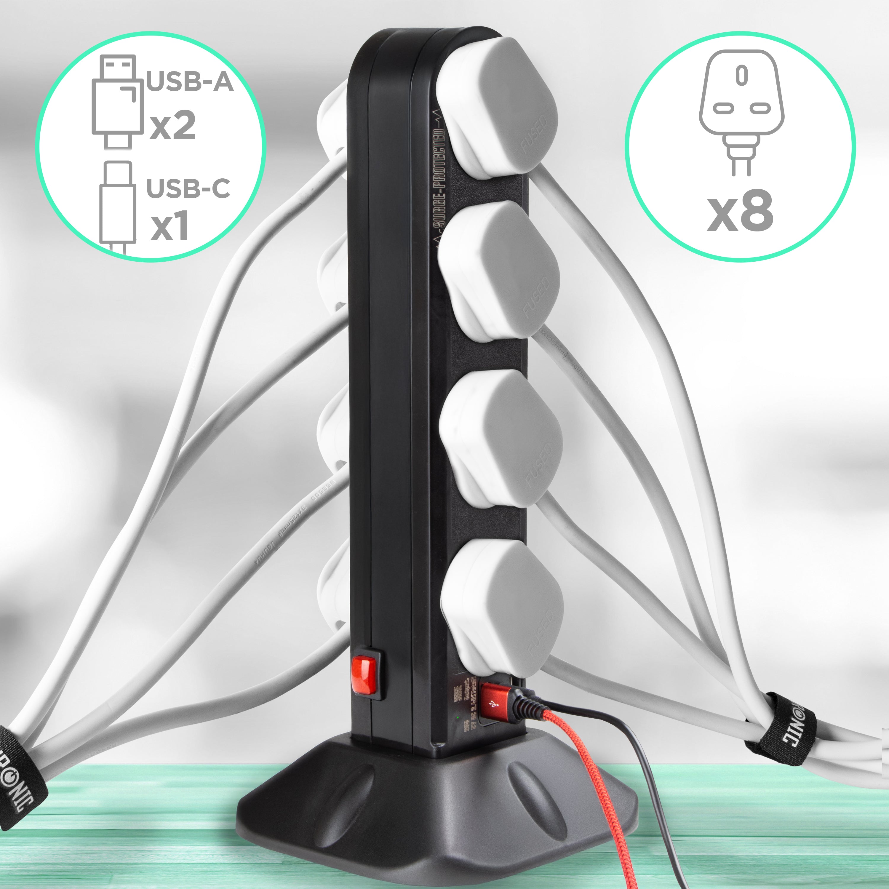 Duronic Tower Extension Lead with 8 UK plug sockets, 2 USB-A, and 1 USB-C port.