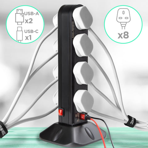 Duronic Tower Extension Lead with 8 UK plug sockets, 2 USB-A, and 1 USB-C port.