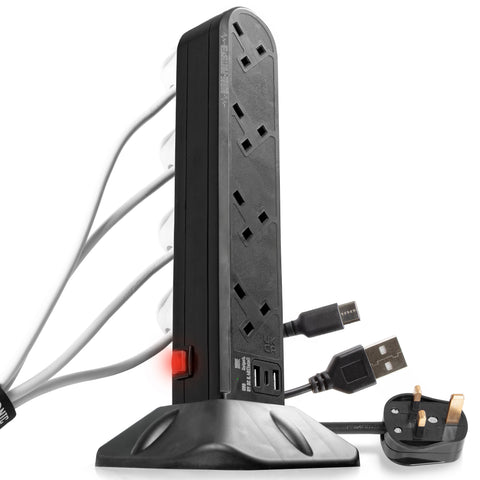 Duronic Tower Extension Lead with UK sockets, USB ports, and a glowing power switch.