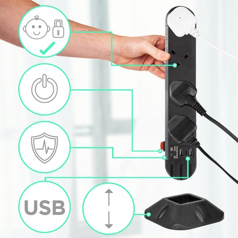 Duronic Tower Extension Lead with USB ports, safety shutters, surge protection, power switch, and weighted stand.