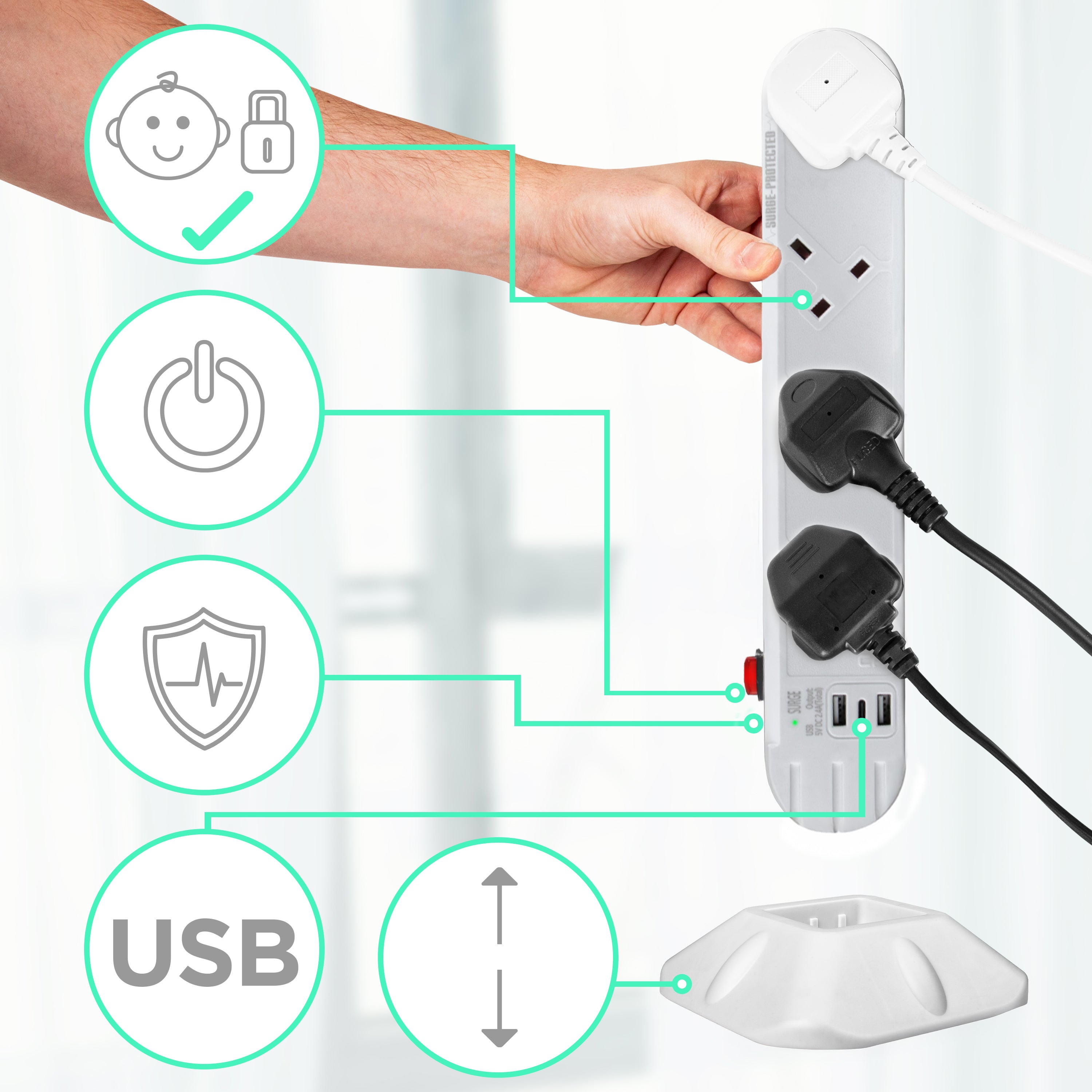Duronic Tower Extension Lead with child safety locks, USB ports, and a detachable vertical stand.