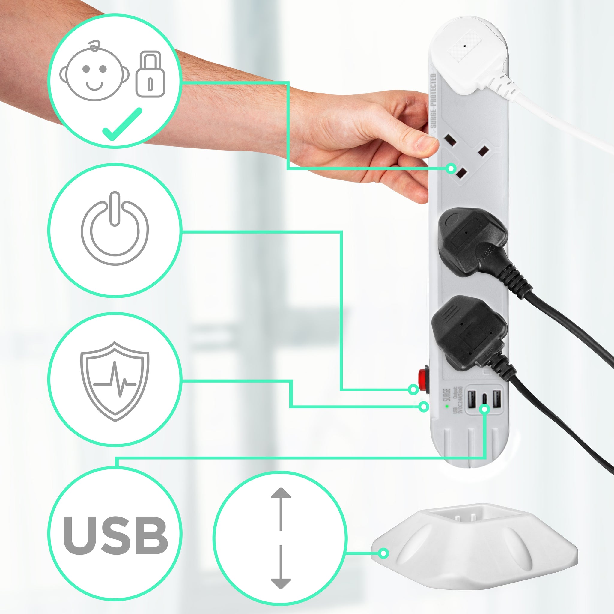 Duronic Tower Extension Lead with child safety locks, USB ports, and a detachable vertical stand.