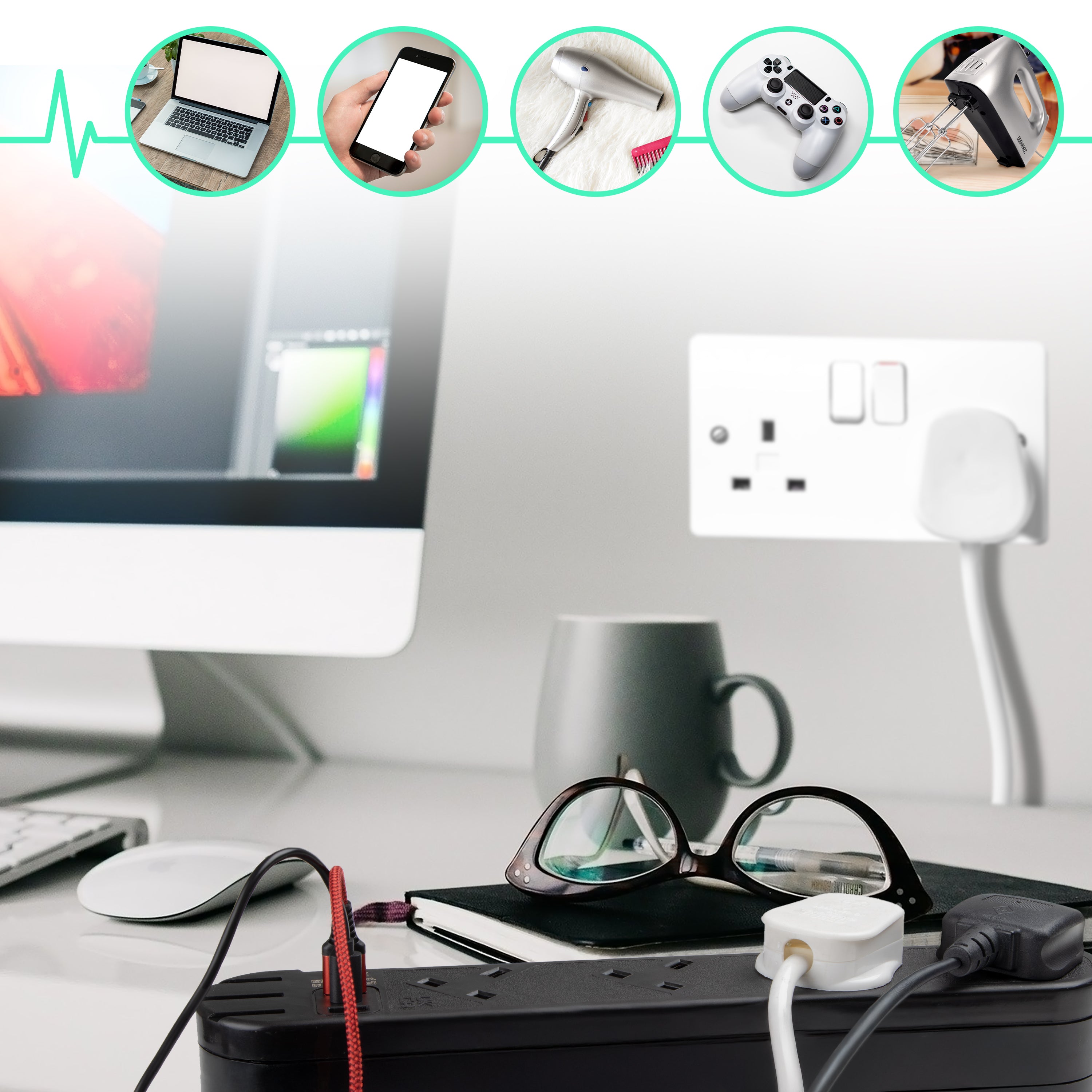 Duronic Tower Extension Lead with computer, glasses, coffee mug, and extension cord powering various electronics.