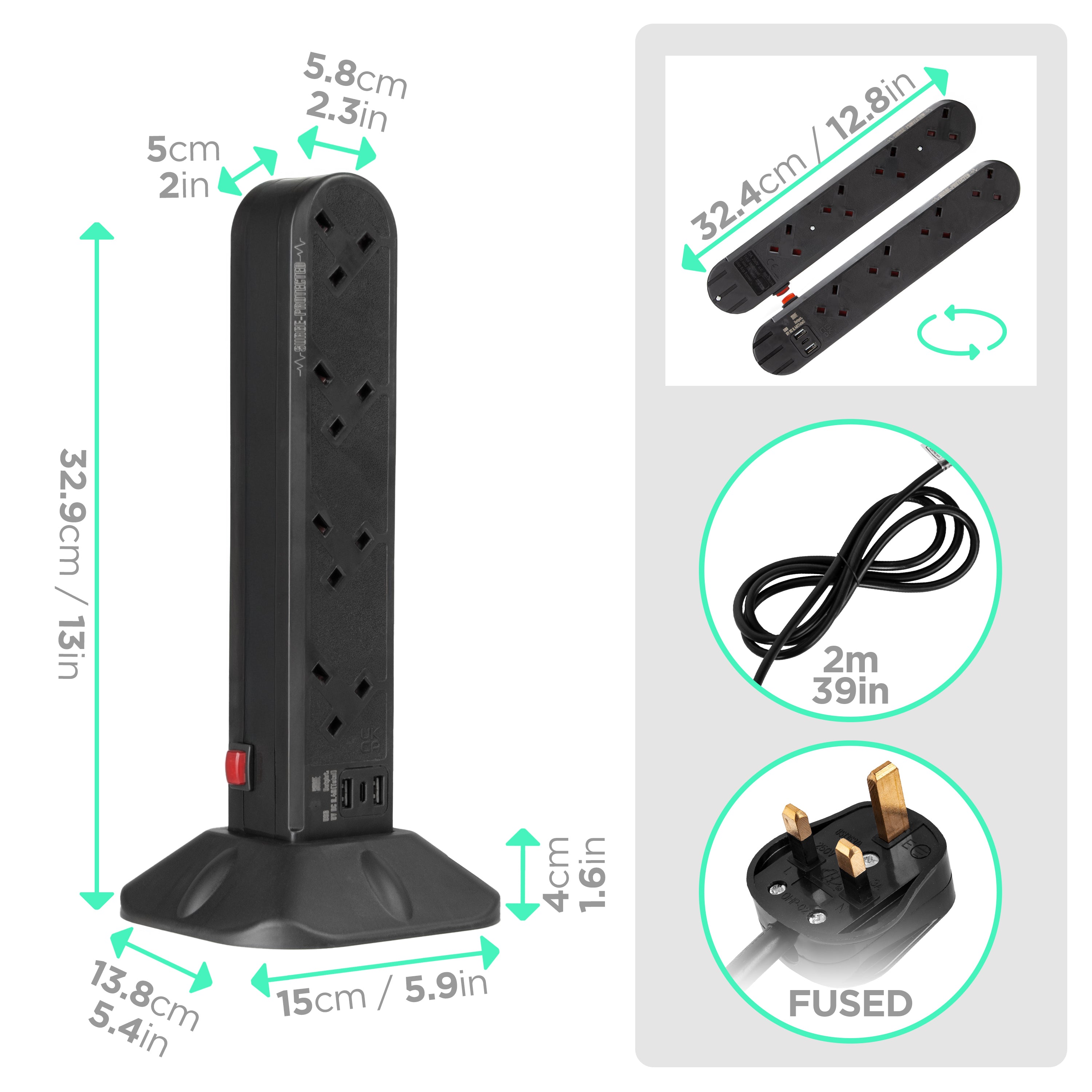 Duronic Tower Extension Lead with dimensions, 2-meter cable, UK fused plug, and multi-angle views.
