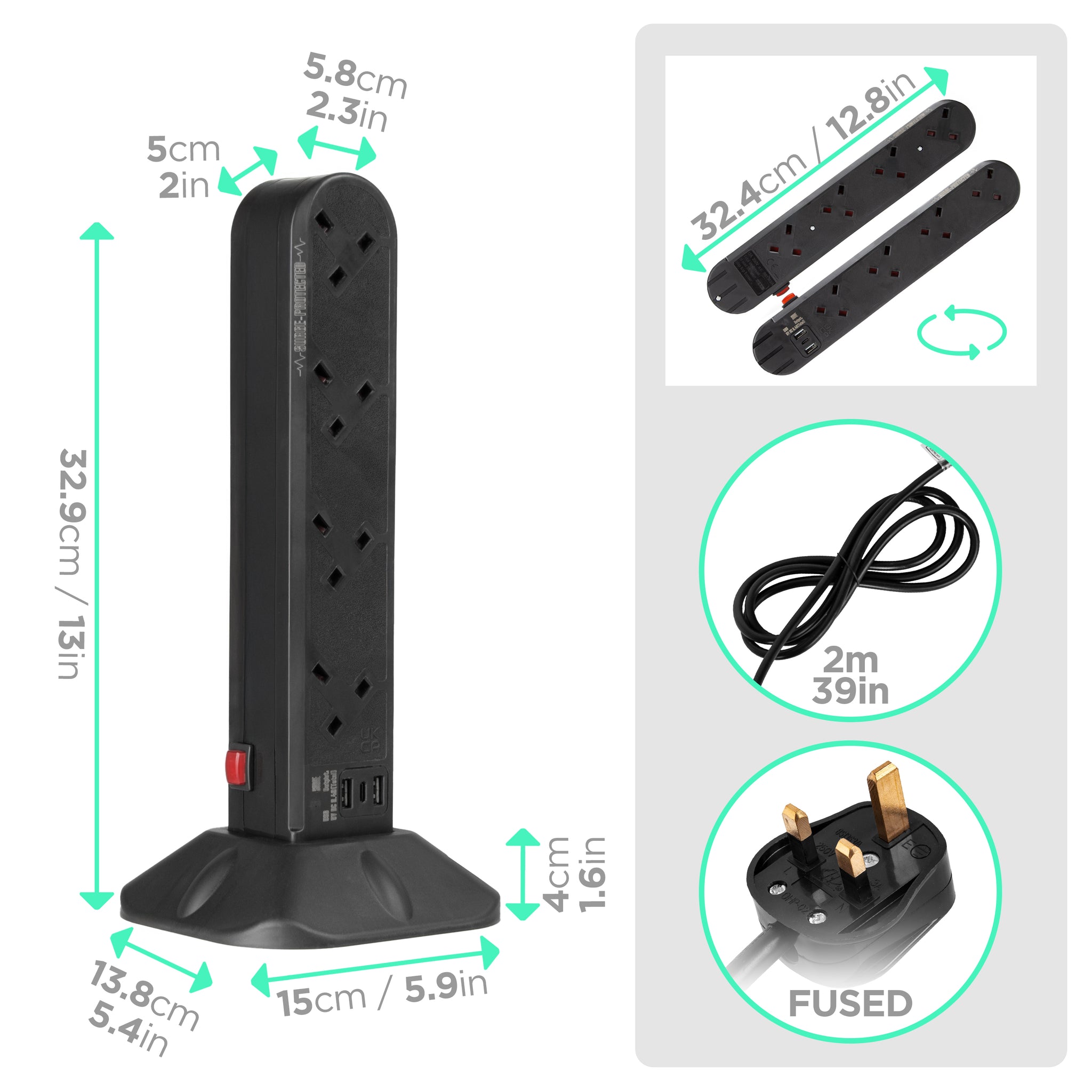 Duronic Tower Extension Lead with dimensions, 2-meter cable, UK fused plug, and multi-angle views.