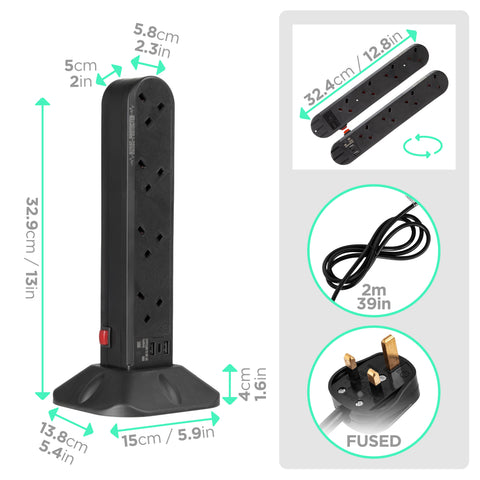Duronic Tower Extension Lead with dimensions, 2-meter cable, UK fused plug, and multi-angle views.