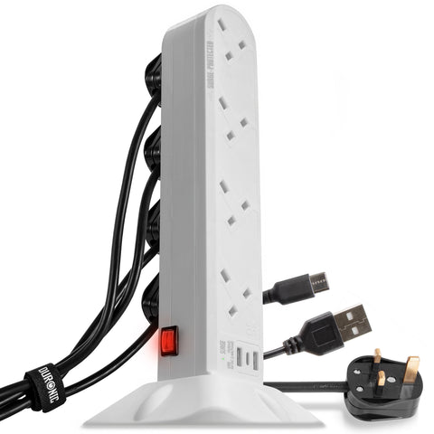 Duronic Tower Extension Lead with four UK plug sockets, dual USB ports, and surge protection.