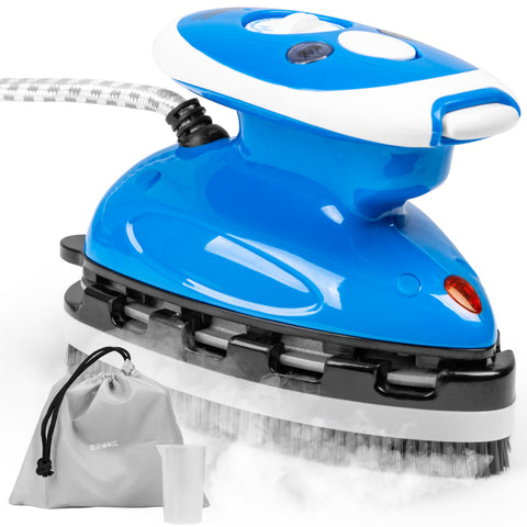 Duronic Travel Iron blue and white handheld travel steam iron with a detachable brush base