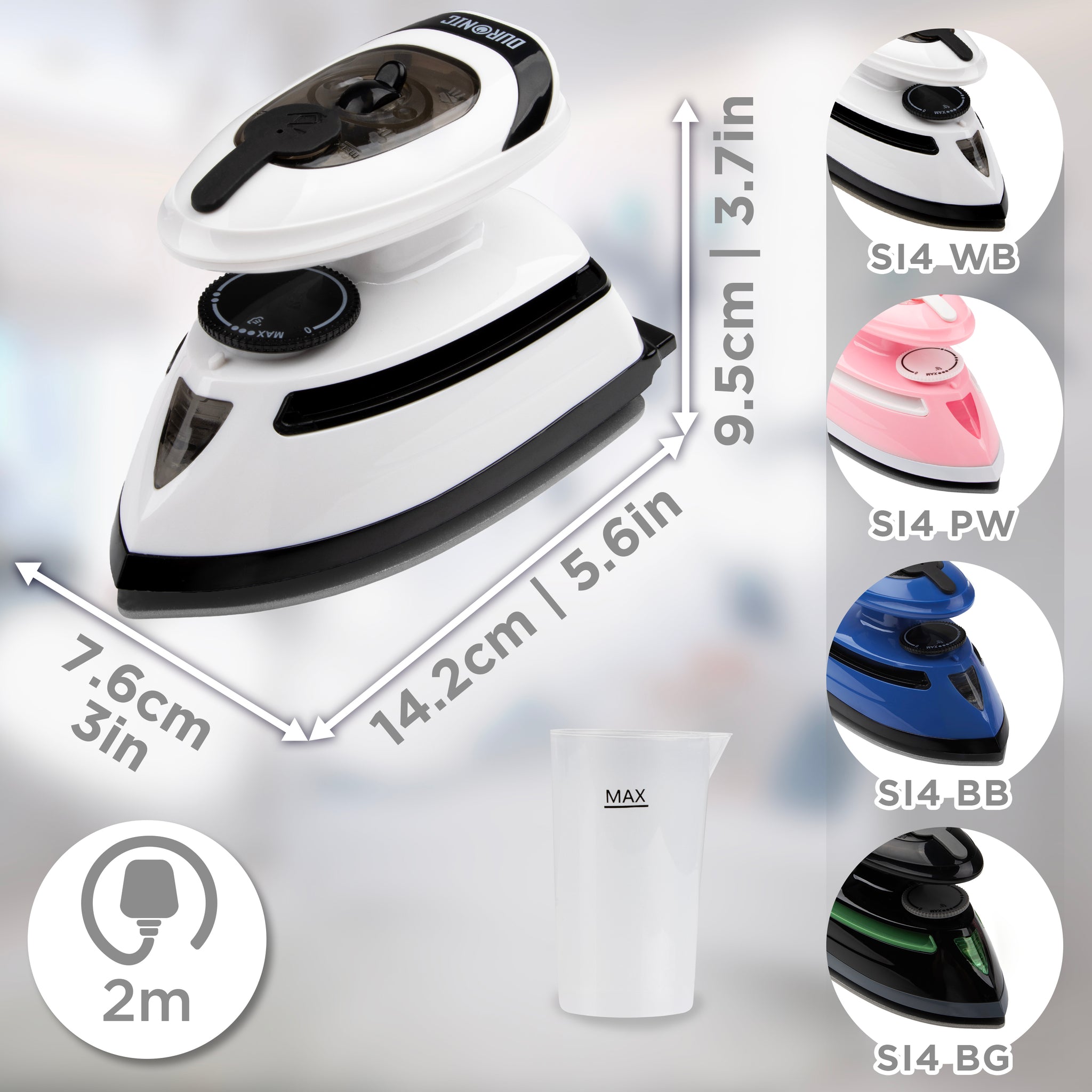 Duronic Travel Iron with product dimension and different colors