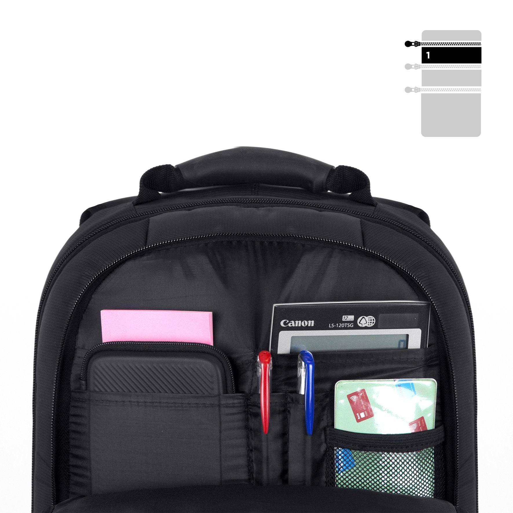 Duronic Travel Laptop Backpack containing a Canon calculator, pens, cards, and a smartphone.
