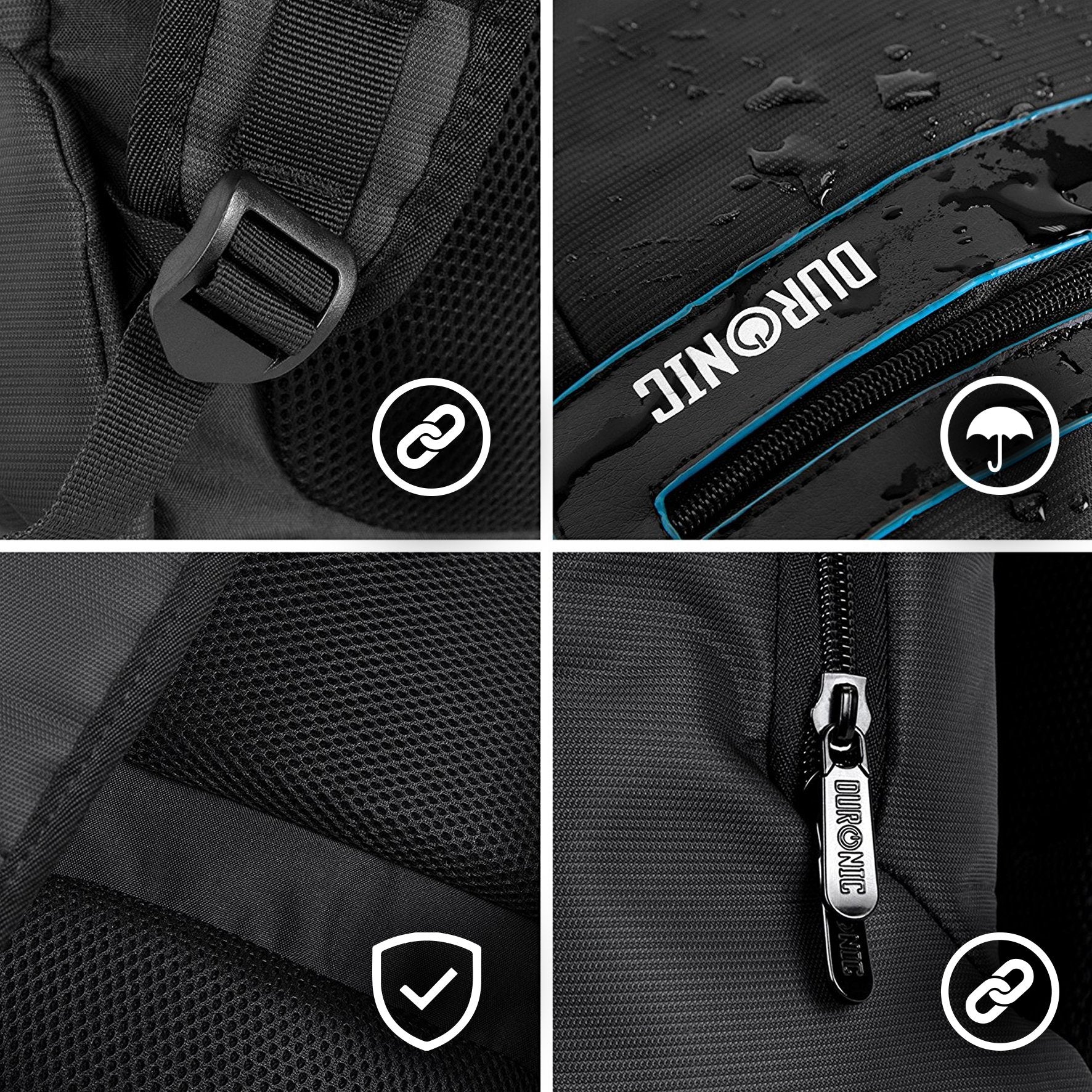 Duronic Travel Laptop Backpack features: durable straps, waterproof fabric, breathable mesh, and strong zippers.