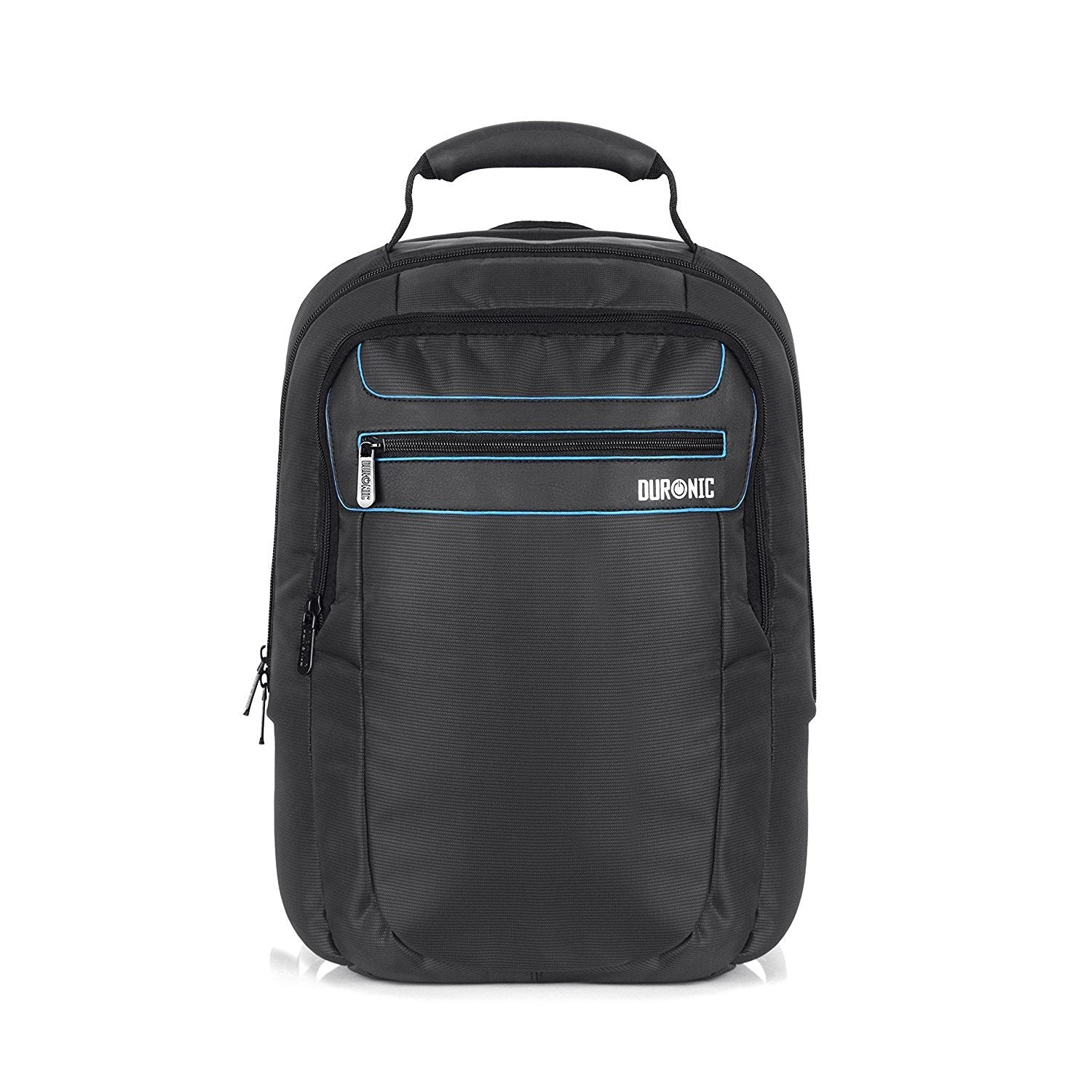 Duronic Travel Laptop Backpack featuring blue accents, a front zipper pocket, and a top padded handle.