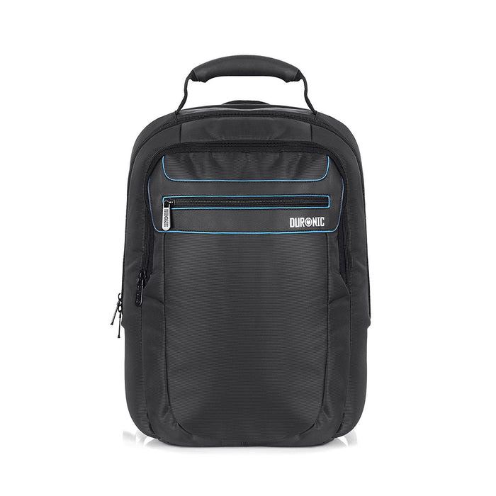 Duronic Travel Laptop Backpack featuring blue accents, a front zipper pocket, and a top padded handle.